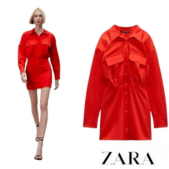 ZARA | Red | POPLIN SHIRT DRESS - Picture 1 of 10